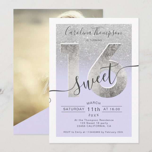 Silverfolie glitter lila Sweet 16-foto Inbjudningar (Fram/baksida)