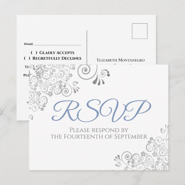 Silverfransar Enkla Eleganta Blå Bröllop RSVP Vykort (Fram/baksida)