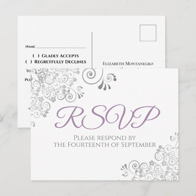 Silverfransar Enkla Eleganta Lila Bröllops-RSVP Vykort (Fram/baksida)