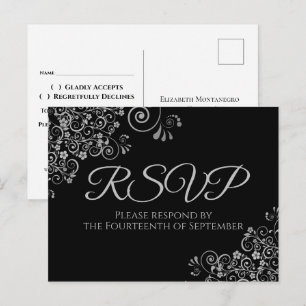 Silverfransar Enkla Eleganta Svarta Bröllops-RSVP Vykort
