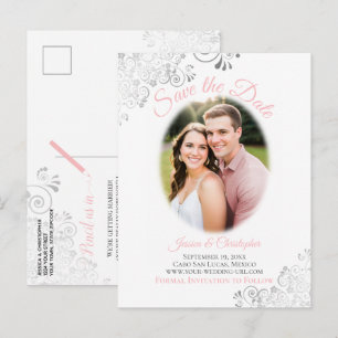 Silverfransar med rosa foto Bröllop Save the Date Meddelande Vykort