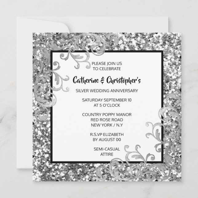 Silverglitter elegant blomsterlig virvel FOTO chic Inbjudningar (Framsida)