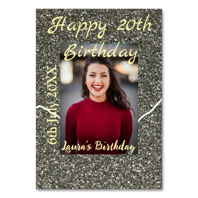 Silverglitter-foto 20-årsdag lägg till namn-datum bordsnummer (Framsidan)