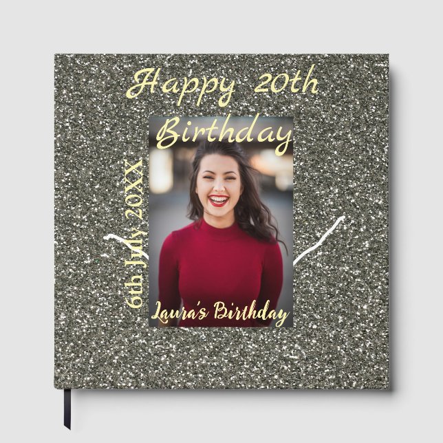 Silverglitter-foto 20-årsdag lägg till namn-datum gästböcker (Framsida)