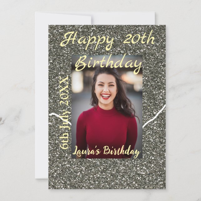 Silverglitter-foto 20-årsdag lägg till namn-datum julkort (Framsida)