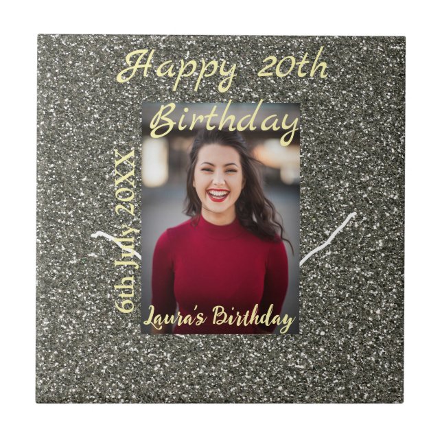 Silverglitter-foto 20-årsdag lägg till namn-datum kakelplatta (Framsidan)