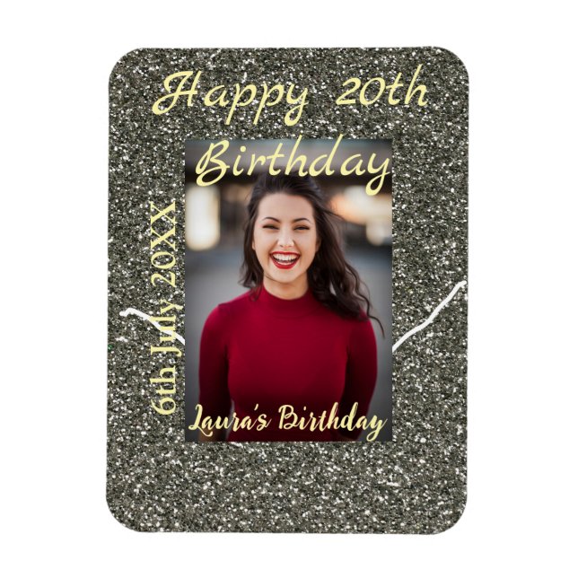 Silverglitter-foto 20-årsdag lägg till namn-datum magnet (Vertikal)