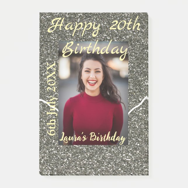 Silverglitter-foto 20-årsdag lägg till namn-datum post-it block (Framsida)