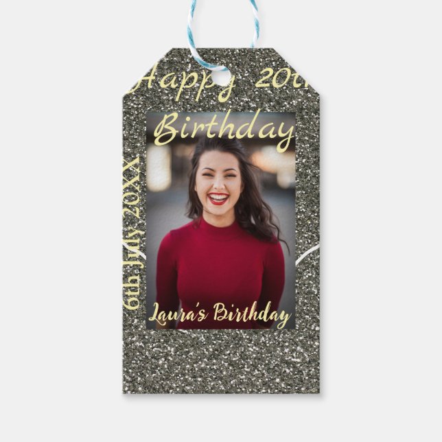 Silverglitter-foto 20-årsdag lägg till namn-datum presentetikett (Framsidan)
