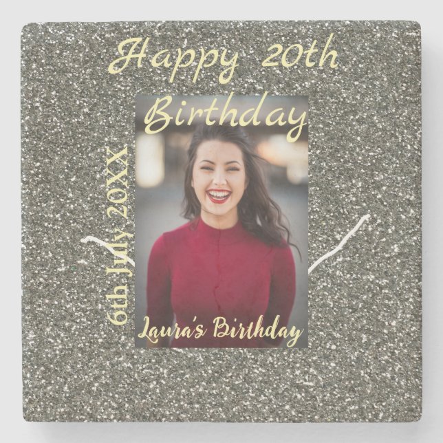 Silverglitter-foto 20-årsdag lägg till namn-datum stenunderlägg (Framsidan)