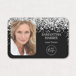 Silverglitter och svart logotyp och foto namnbricka