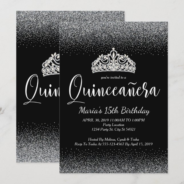 Silverglitter, Quinceanera inbjudningar (Fram/baksida)