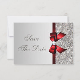 Silverglitter, Röd Slinga & Diamant Save the Date Spara Datumet