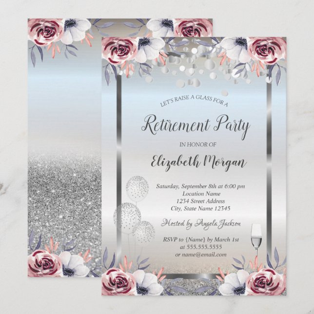 Silverglitterballonger Rosor Pension  Inbjudningar (Fram/baksida)