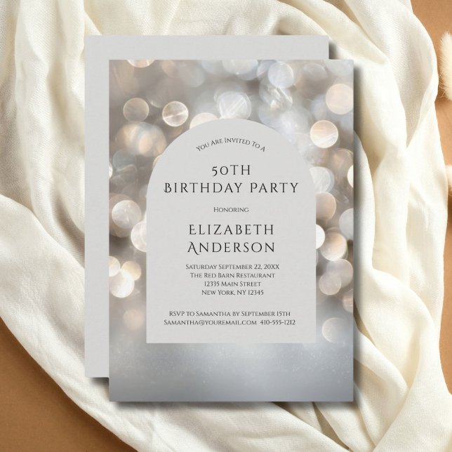 Silvergrå akvarell Bokeh-valv 50-årsdag Inbjudningar (Silver Gray Bokeh Arch Watercolor 50th Birthday invitation for him or her. Printed or Digital)