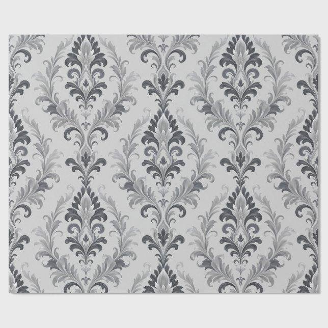 Silvergrå barock damast blommönster presentpapper (Platt)