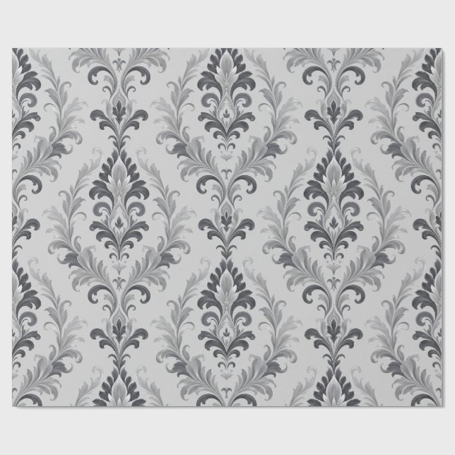 Silvergrå barock damast blommönster presentpapper (Platt)