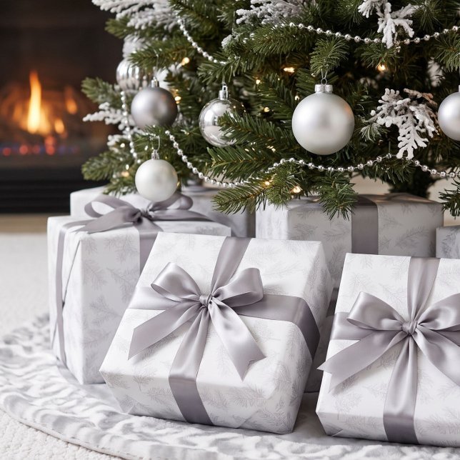 Silvergrå Botanisk Chic Vit Jul Presentpapper (Skapare uppladdad)