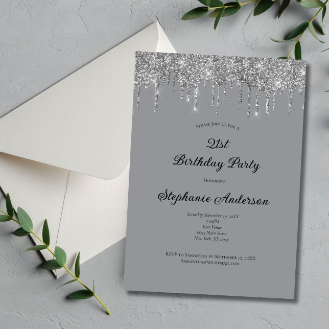Silvergrå droppande glitter trendig 21-årsfest  inbjudningar (Silver Dripping glitter 21st Birthday Invitation Elegant and Formal.)