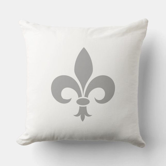 Silvergrå Fleur de Lis på vit Kudde (Framsida)
