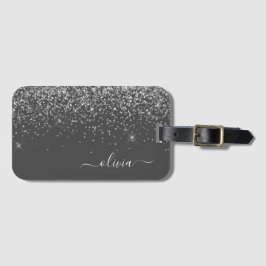 Silvergrå glänsande glitter monogramnamn bagagebricka