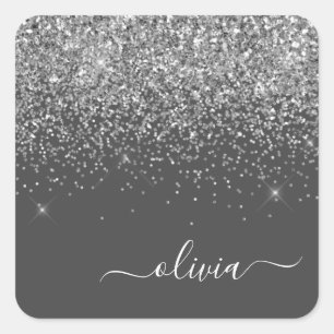 Silvergrå glänsande glitter monogramnamn fyrkantigt klistermärke