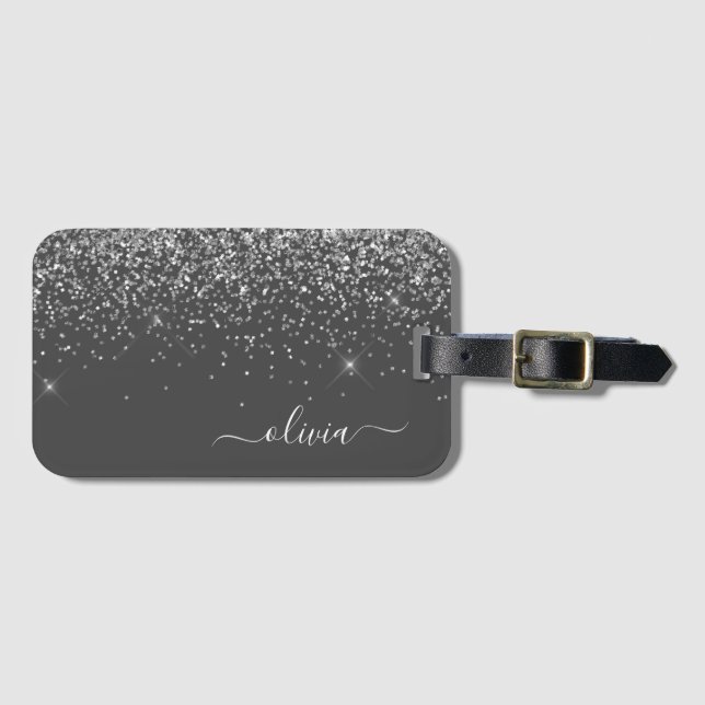 Silvergrå glänsande glittermonogramnamn bagagebricka (Framsida horisontal)