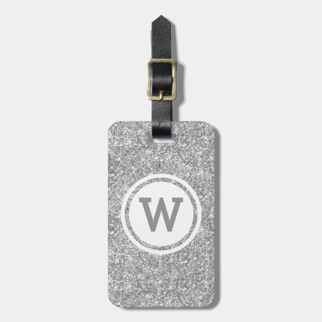 Silvergrå Glittercirkulär Monogram Bagagebricka (Vertikal Framsida)