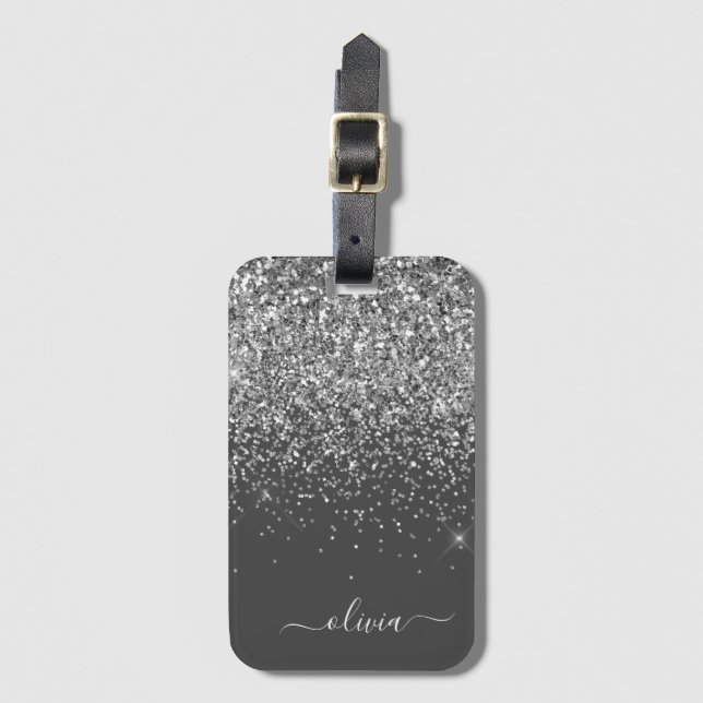 Silvergrå glittrig glitter monogramnamn bagagebricka (Framsida vertikal)