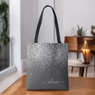 Silvergrå glittrig glitter monogramnamn tygkasse