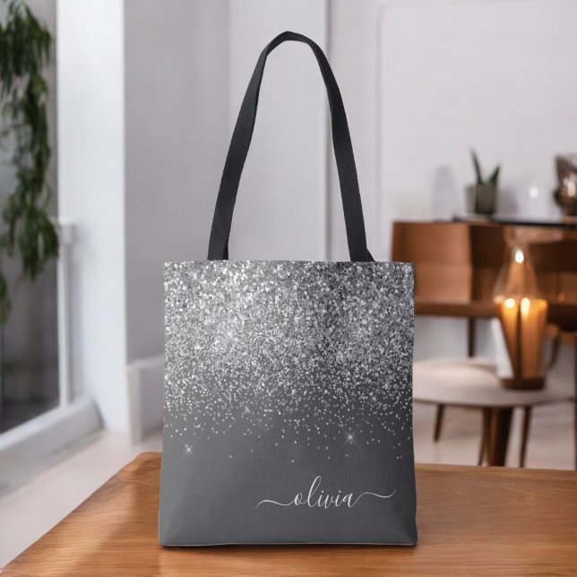 Silvergrå glittrig glitter monogramnamn tygkasse (Skapare uppladdad)