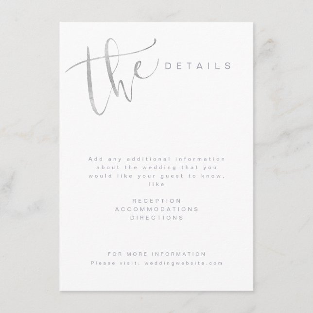Silvergrå Modern Enkel Skript Bröllopsdetaljer Tilläggskort (Framsida)
