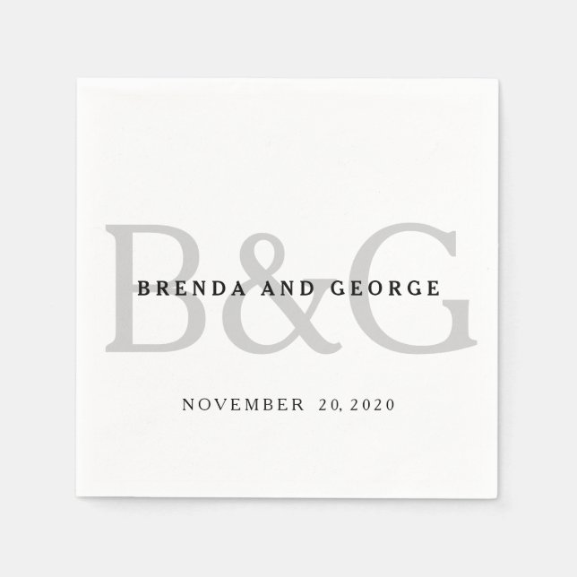 Silvergrå Monogram Bröllops Servetter i Papper (Framsidan)