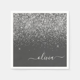 Silvergrå tjejglitter glitter monogramnamn pappersservett