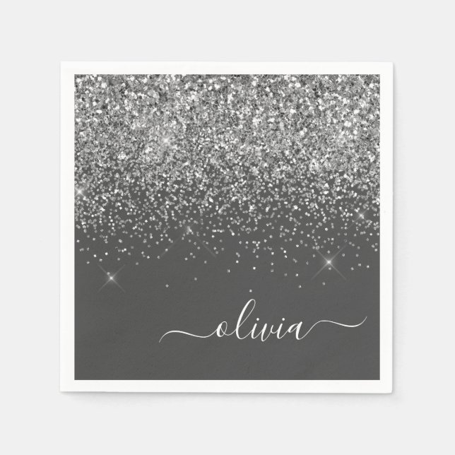 Silvergrå tjejglitter glitter monogramnamn pappersservett (Framsidan)