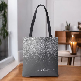 Silvergrå tjejglitter Glitter Monogramnamn Tygkasse