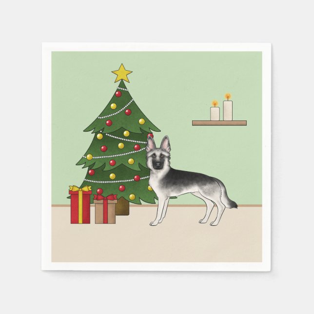 Silvergrå tysk schäferhund festiv julgran pappersservett (Framsidan)