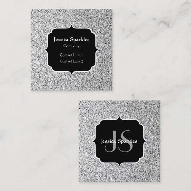 Silvergrått ljus glitter gnistrar Monogram Fyrkantigt Visitkort (Fram/baksida)
