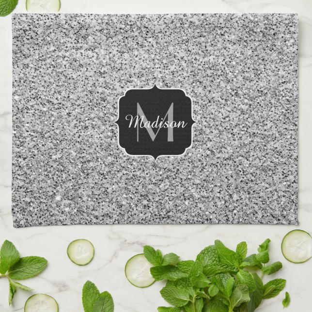 Silvergrått ljus glitter gnistrar Monogram Kökshandduk (Vikta)