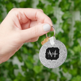 Silvergrått ljus glitter gnistrar Monogram Nyckelring