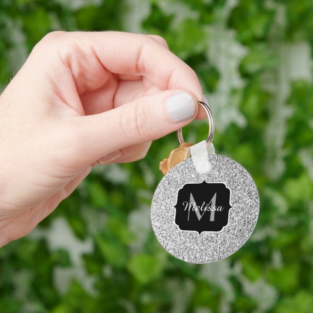 Silvergrått ljus glitter gnistrar Monogram Nyckelring (Hand)