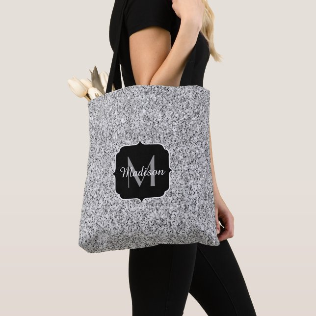 Silvergrått ljus glitter gnistrar Monogram Tygkasse (Närbild)