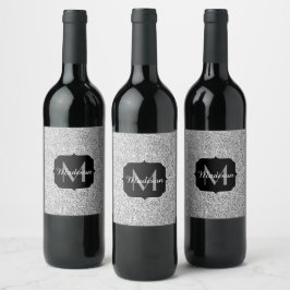 Silvergrått ljus glitter gnistrar Monogram Vinflaska Etikett