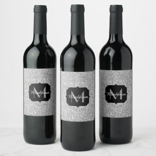 Silvergrått ljus glitter gnistrar Monogram Vinflaska Etikett