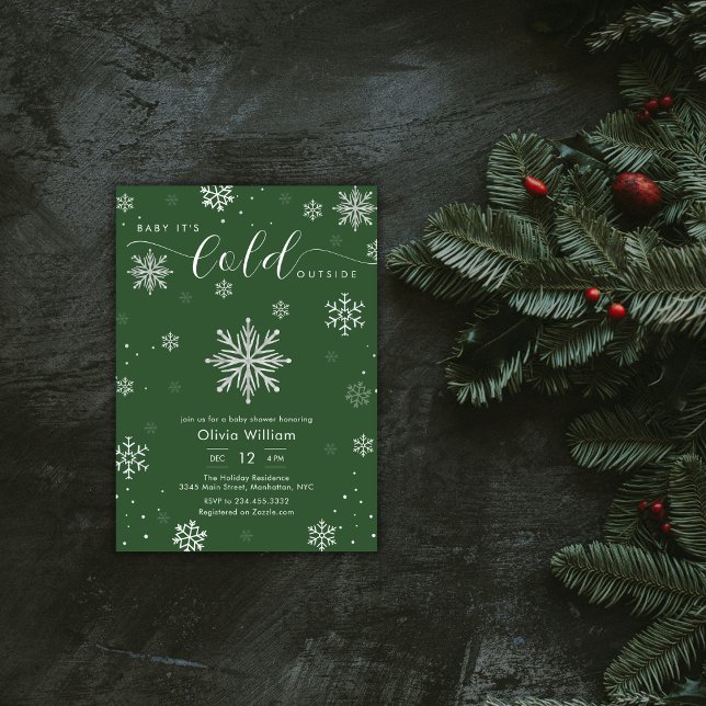 Silvergrön magisk vintersnöflinga Bebisdusch  Inbjudningar (Silver Green Magical Winter Snowflake Baby Shower Invitation)