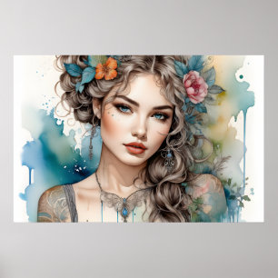 Silverhårig, rökögd, glamourös kvinna poster