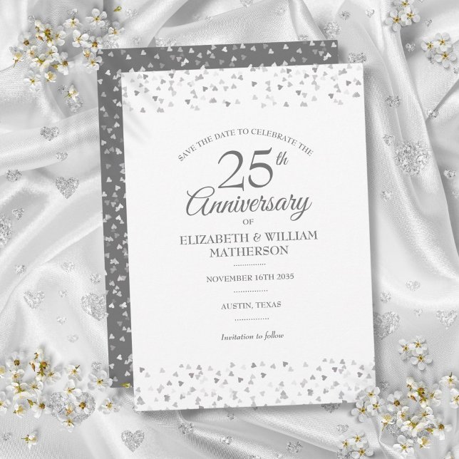 Silverhjärtans 25-årsjubileum Spara datumet Inbjudningar (25th Anniversary Save the Date Silver Hearts Invitation)
