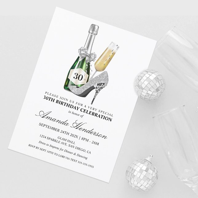 Silverhöga klackar och Champagne Kvinnors födelsed Inbjudningar (Skapare uppladdad)