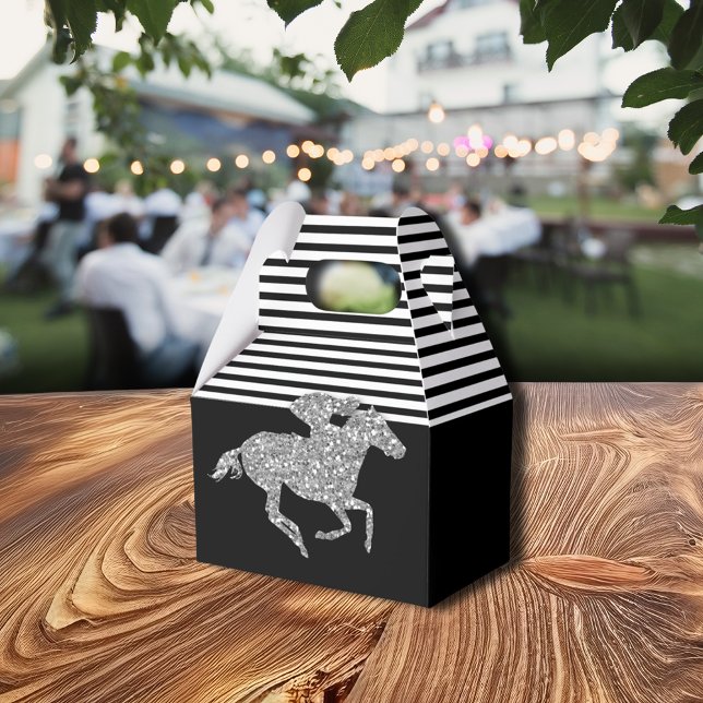 Silverkapplöpningshäst Svart Vita Ränder Presentaskar (Silver Racehorse Black White Stripes Favor Boxes)