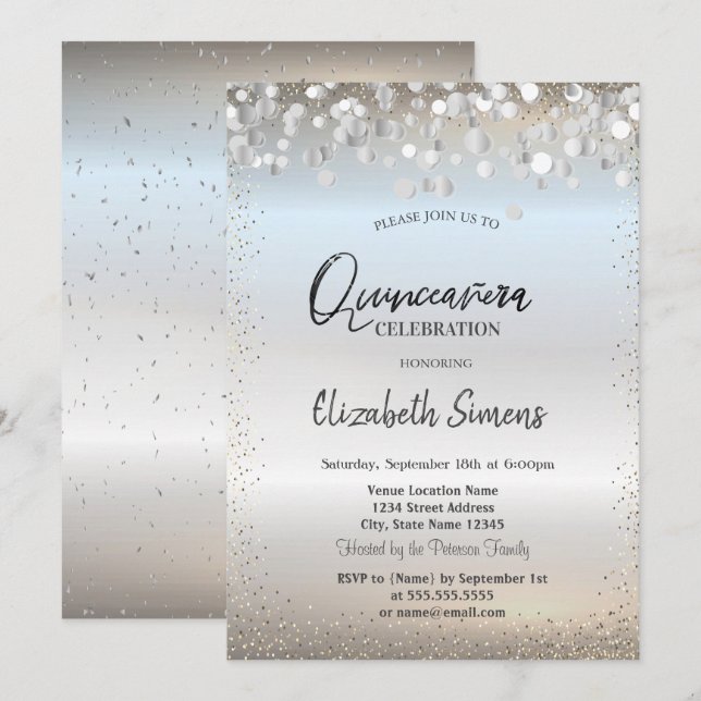 Silverkonfettipunkter Prinsessa Silver Quinceañera Inbjudningar (Fram/baksida)